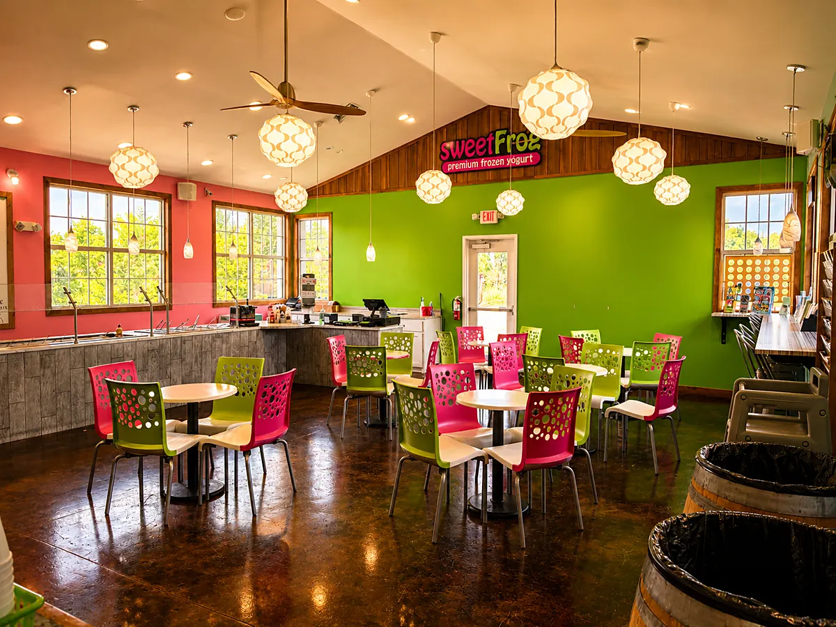 The bright pink-and-green sweetFrog dining room inside Smoky Mountain Espresso