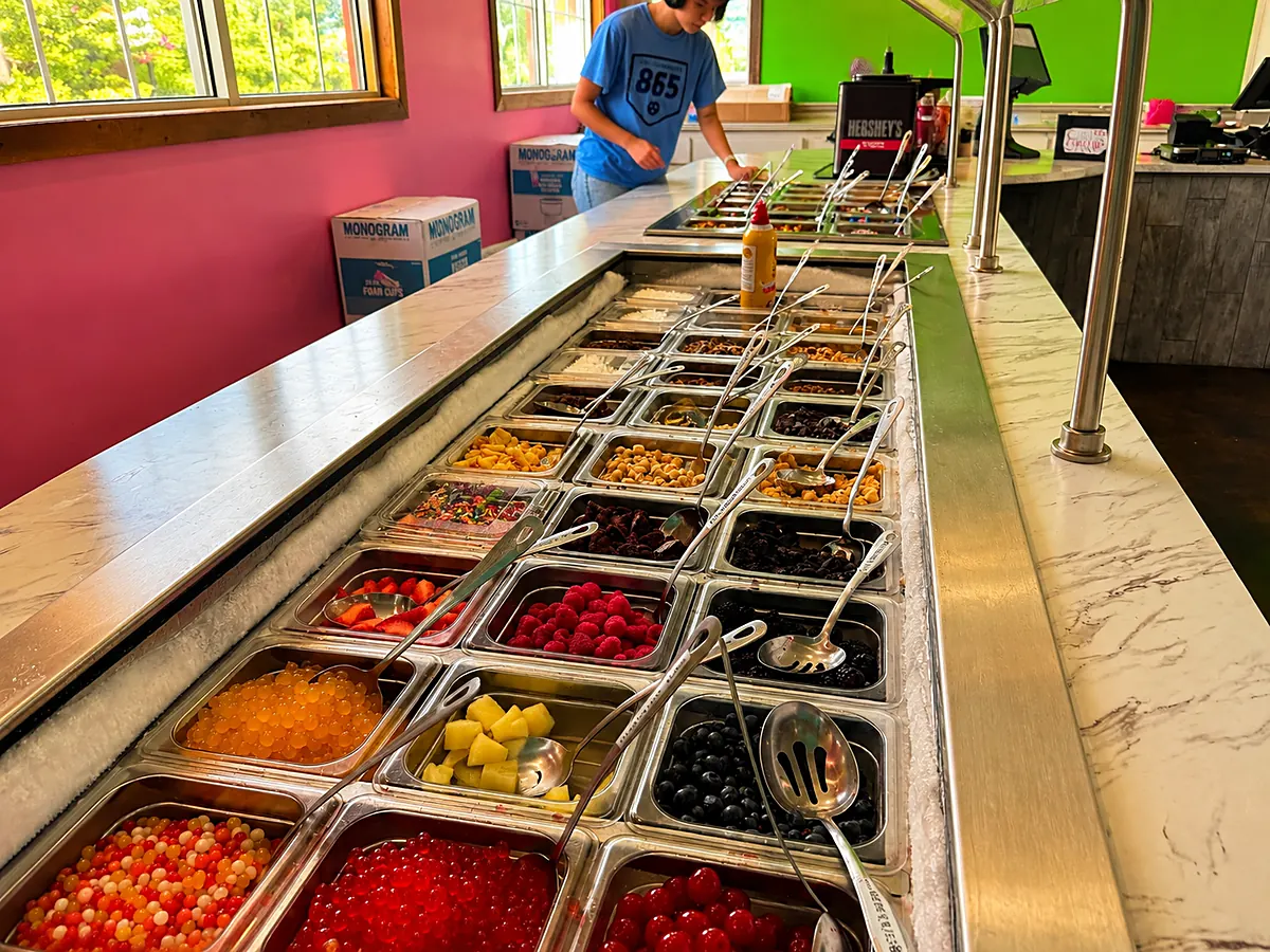 The self-serve toppings bar at the sweetFrog counter — fresh fruit, candy, and sauces on ice