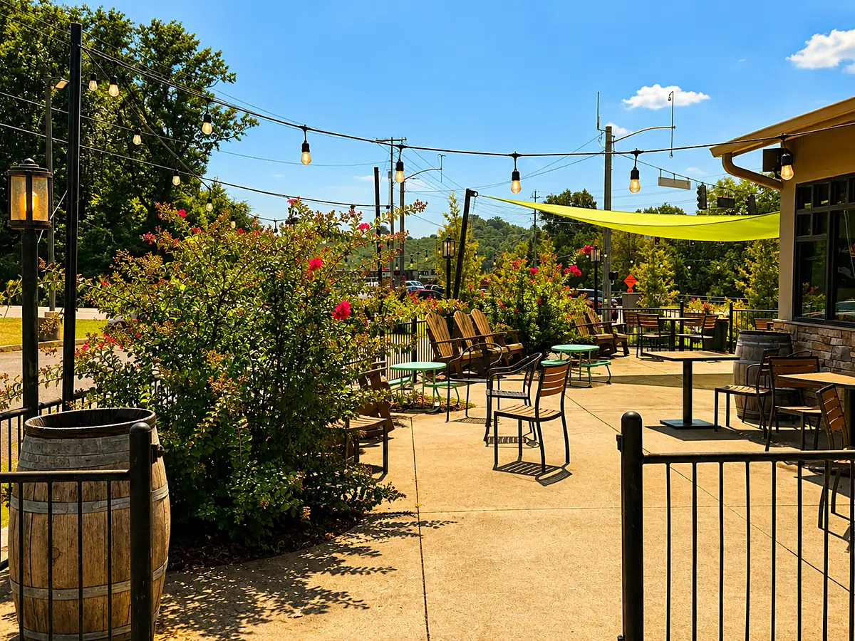 String lights over the patio seating at Smoky Mountain Espresso
